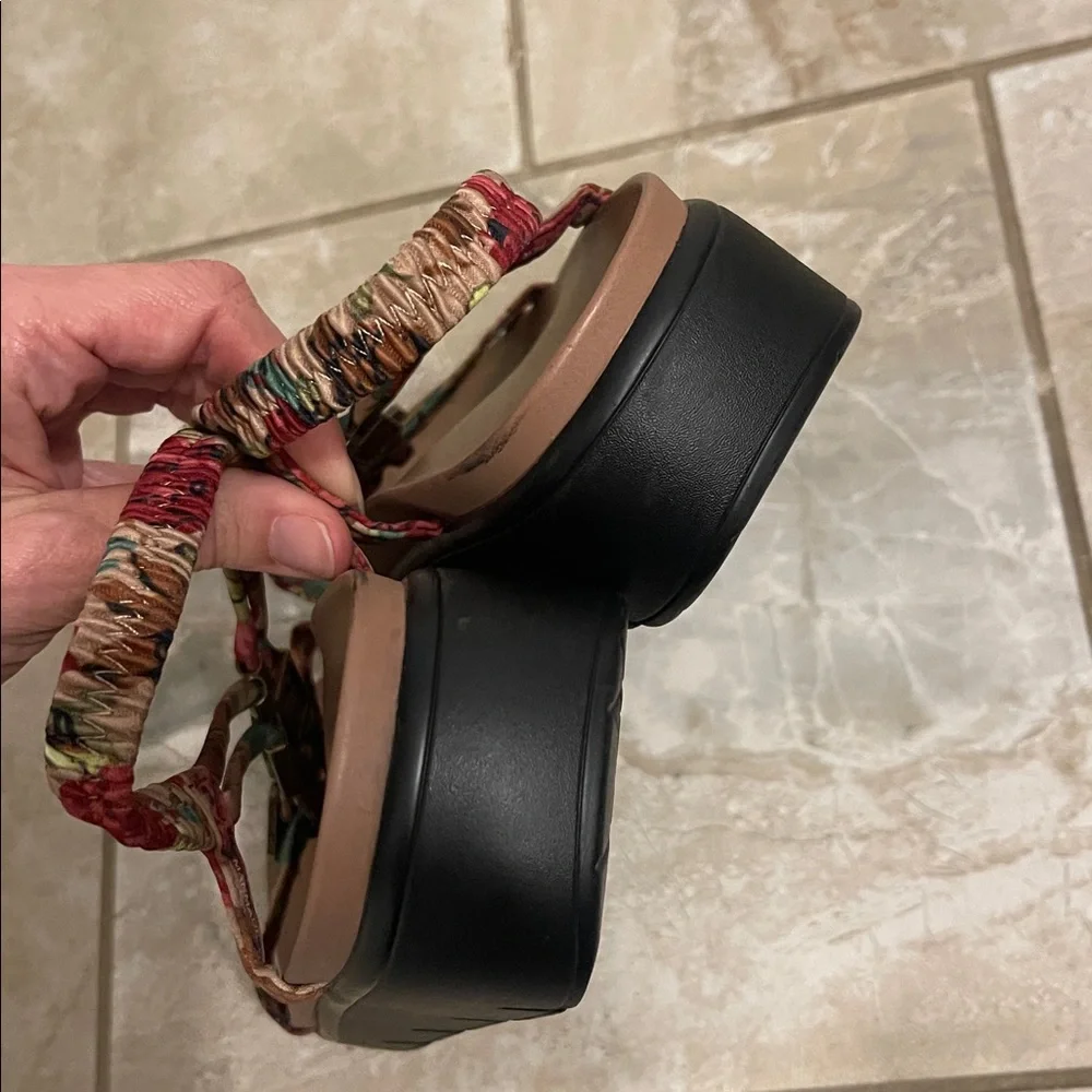 ALEGRIA Roz Get Away Tan Tropical Print Slingback Platform Sandals 37/7-7.5 Boho